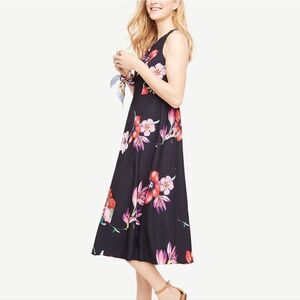 Ann Taylor Poppy Floral High Neck Criss Cross Back Midi Dress in Black